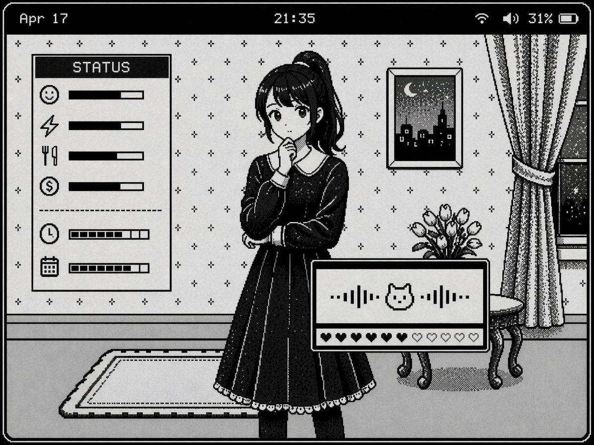 Retro Pixel Art UI Mockup Qwen Image 프롬프트 예시: Generates a 1-bit monochrome pixel art visual novel interface featuring a character, background details, and multiple status panels.