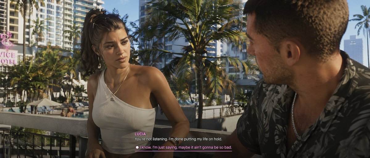 Cinematic Video Game Cutscene with Subtitles GPT Image 2 prompt example: Generates a photorealistic video game cutscene screenshot featuring two characters conversing with...