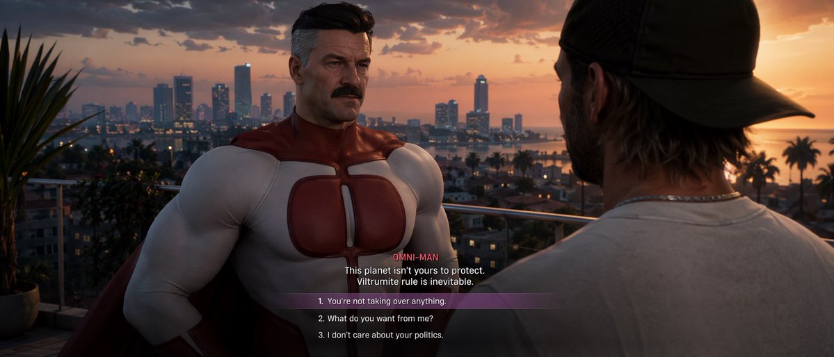 retro open-world game-Style Dialogue Screenshot GPT Image 2 prompt example: Generates a realistic video game screenshot featuring a cinematic dialogue scene with a customizable...