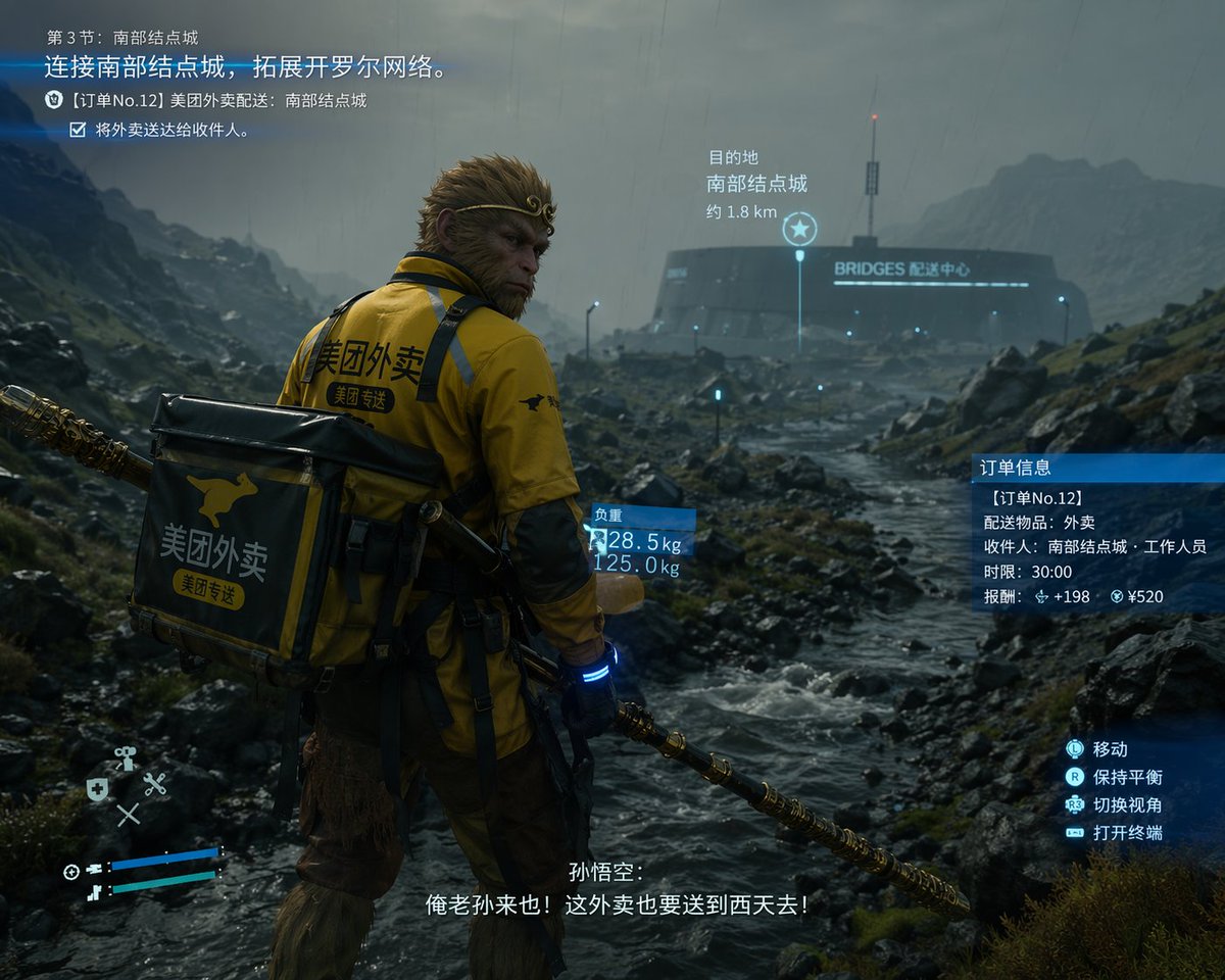 Cinematic Game UI Mockup Qwen Image prompt example: Generates a realistic video game screenshot featuring a custom character in a desolate landscape with 7 detailed HUD and...