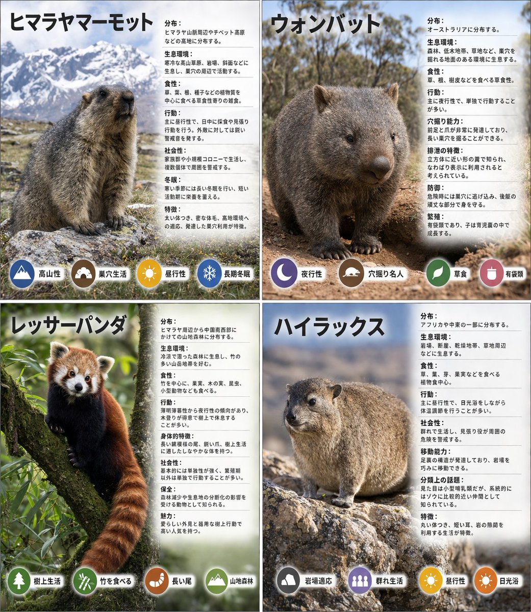 4-Panel Animal Infographic Grid 的 GPT Image 2 提示词示例图：Generates a 2x2 grid of animal infographics, each featuring a photo, detailed text facts, and four descriptive icons.