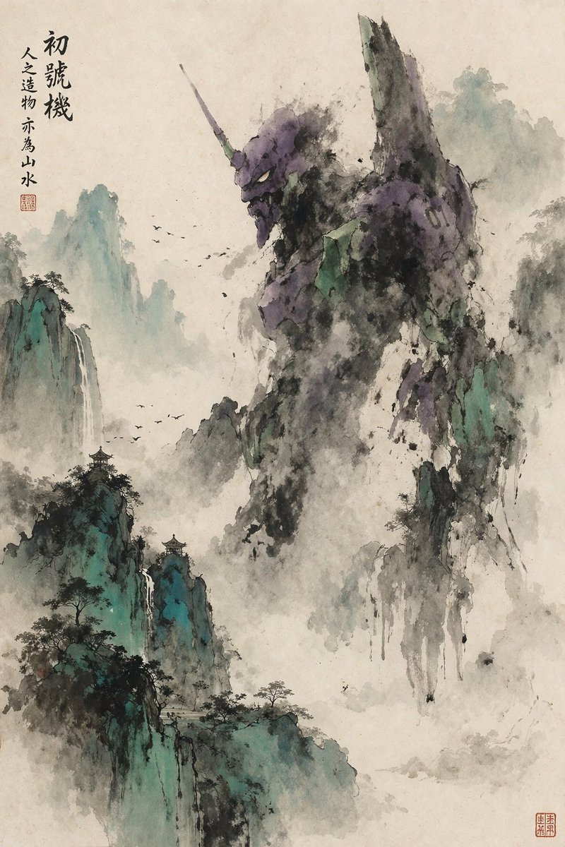 Mecha Ink Wash Landscape Painting 的 Qwen Image 提示词示例图:Generates a traditional Chinese landscape painting featuring a giant mecha seamlessly blended into misty mountains and ink...