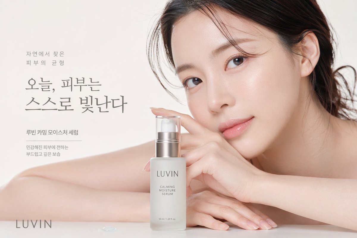 Skincare Beauty Campaign Advertisement Qwen Image prompt example: Generates a high-end commercial beauty portrait featuring a model, a skincare product bottle, and elegant...