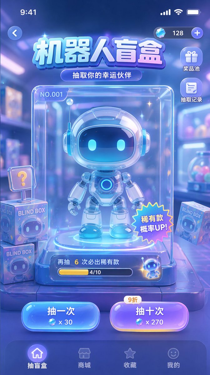 Gacha Game UI Mockup Qwen Image 프롬프트 예시: Generates a mobile app UI mockup for a blind box or gacha game featuring a central character display, action buttons, and navigation...