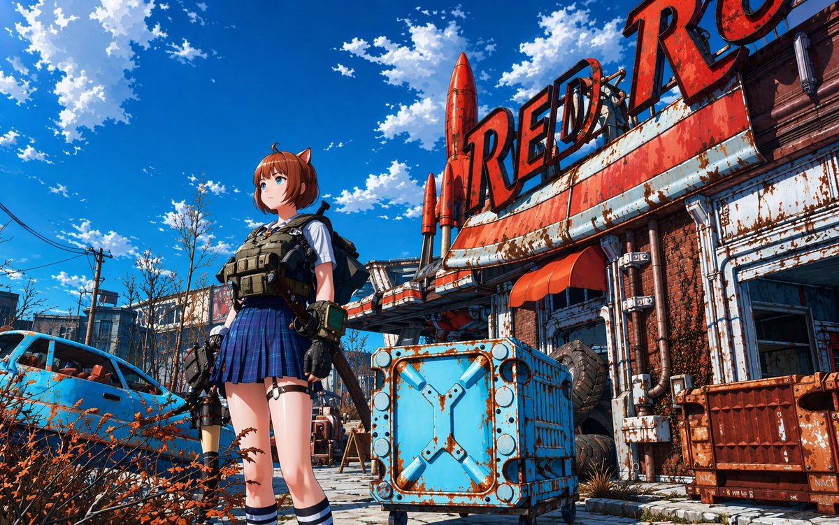 Post-Apocalyptic Tactical Anime Girl GPT Image 2 prompt example: Generates an anime-style illustration of a schoolgirl with tactical gear in a vibrant, rusted post-apocalyptic...