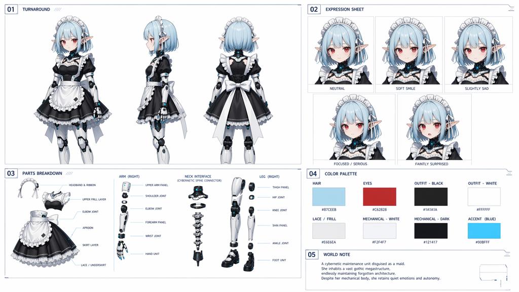Cybernetic Character Reference Sheet GPT Image 2 prompt example: Generates a comprehensive technical character reference sheet including a turnaround, expressions, parts...