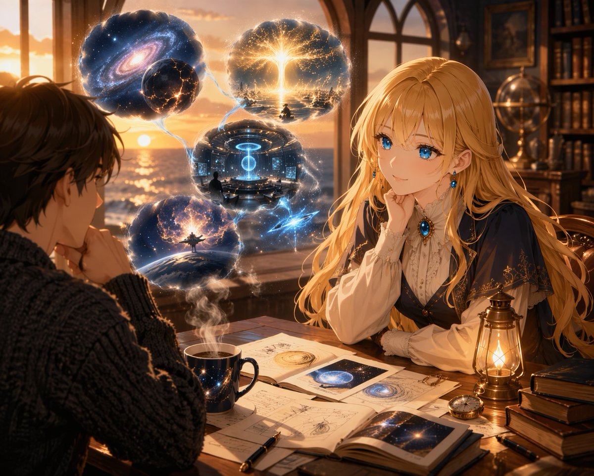 Anime Scholars with Cosmic Holograms GPT Image 2 prompt example: Generates an anime-style scene of two characters studying magical, floating holographic spheres in a cozy,...