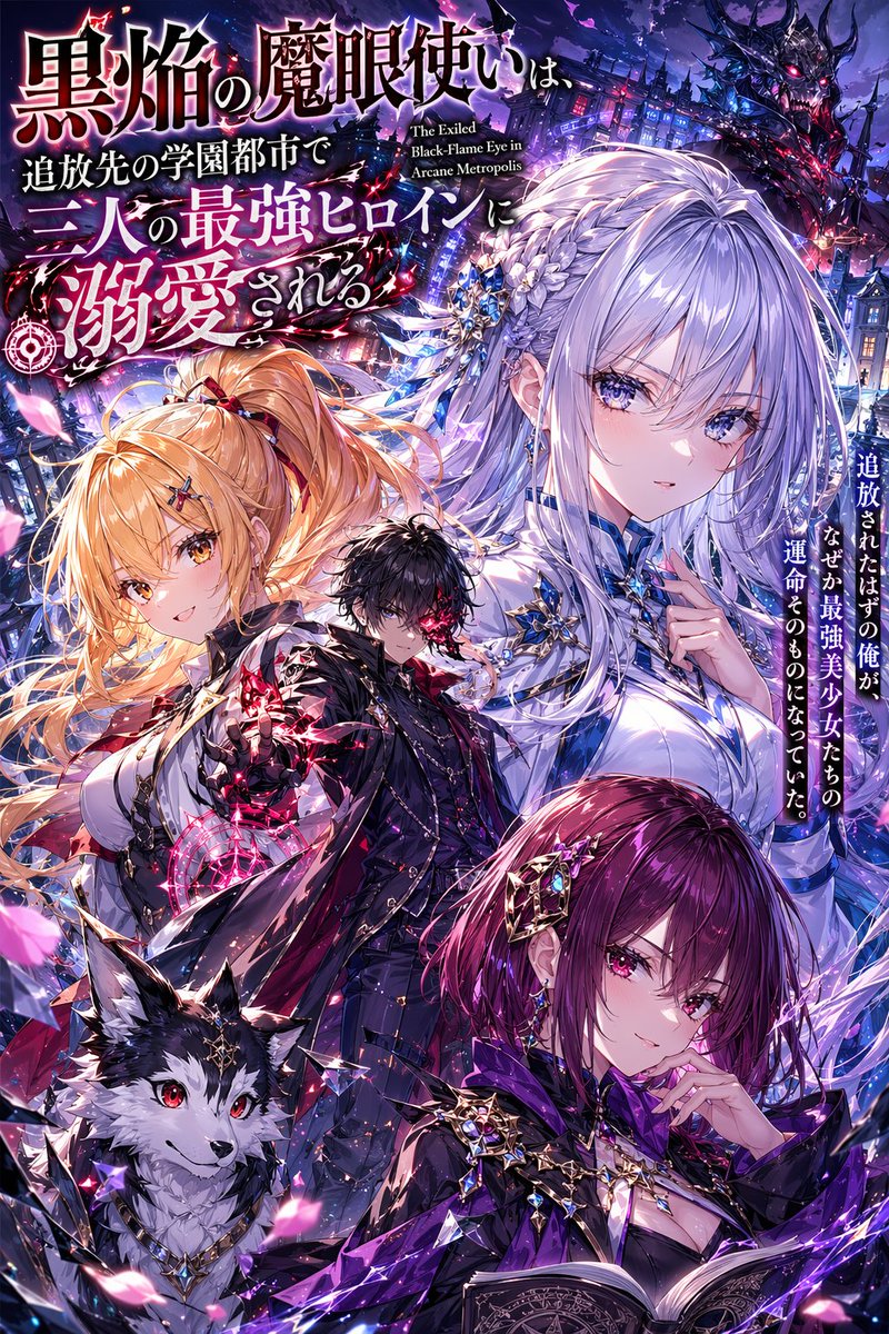 Anime Light Novel Cover with Typography GPT Image 2 prompt example: Generates a detailed anime-style light novel cover featuring a protagonist, a harem of heroines, magical...