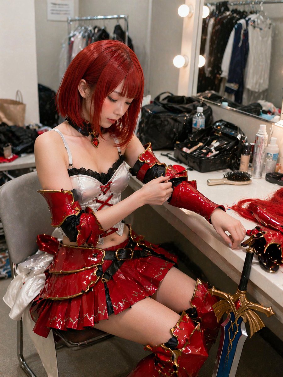 Backstage Cosplayer Portrait GPT Image 2 prompt example: A realistic photograph of a cosplayer adjusting her intricate fantasy armor in a cluttered dressing room.