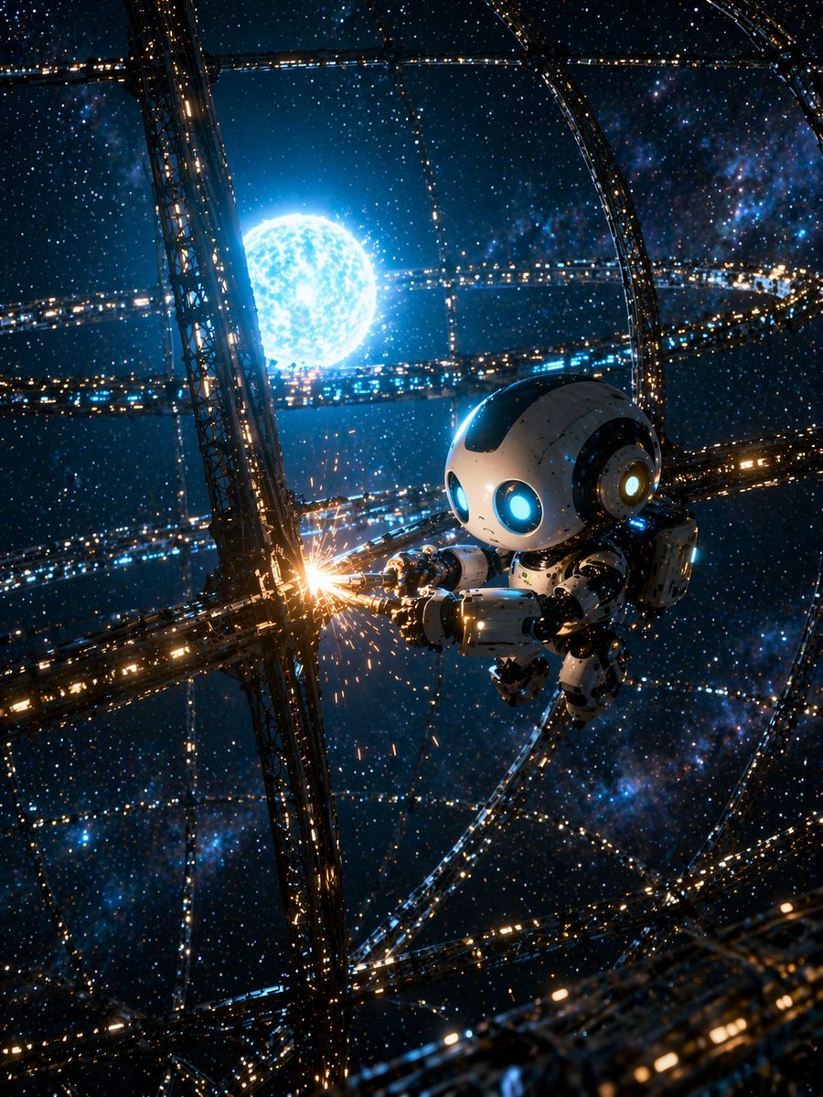 Sci-Fi Chibi Robot Welding in Space GPT Image 2 prompt example: Generates a highly detailed, cinematic sci-fi scene of a small robot repairing a massive space structure against a...