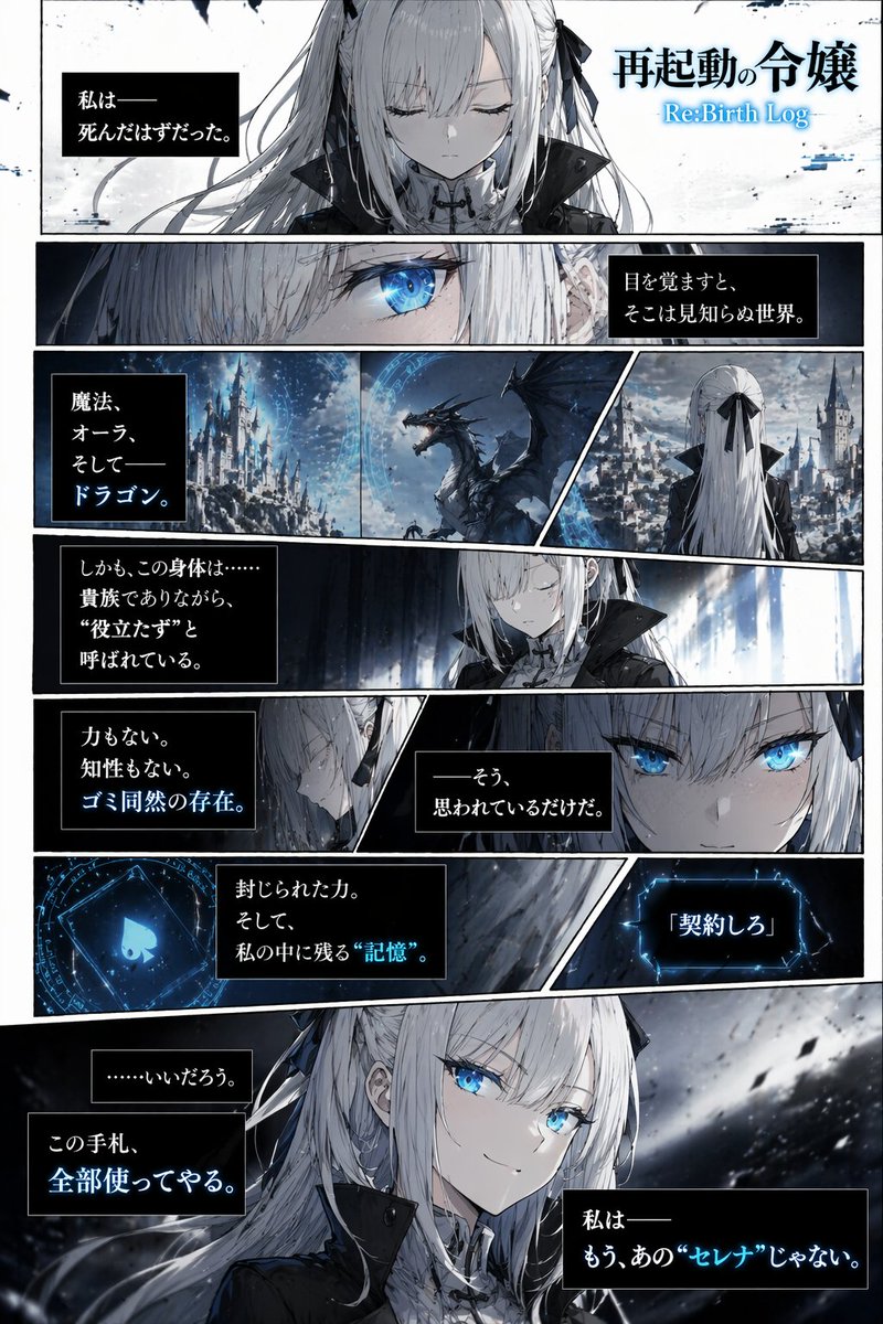 Dark Fantasy Manga Page Generator Qwen Image prompt example: Generates a full-color, 7-panel vertical manga page featuring a dark fantasy narrative, complete with cinematic...