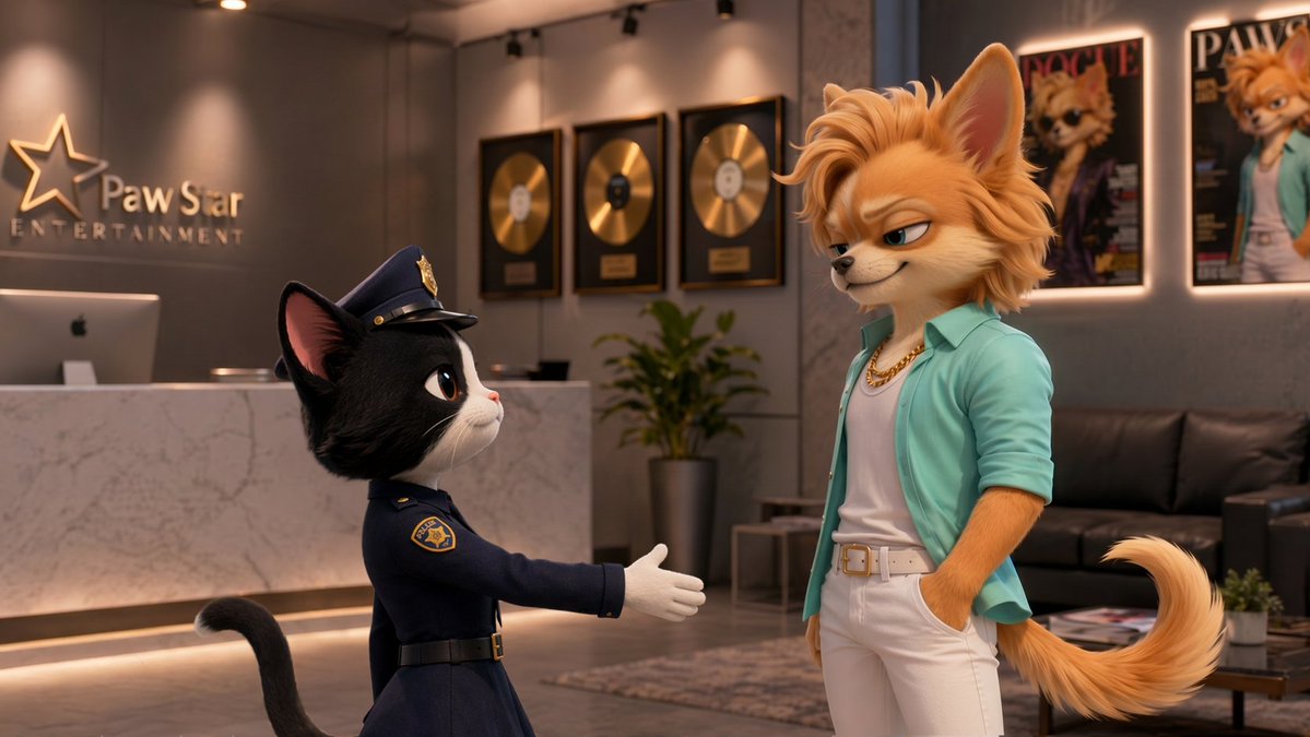 3D Animated Animal Office Encounter GPT Image 2 prompt example: Generates a cinematic 3D animation-style scene of two anthropomorphic animals interacting in a modern corporate...
