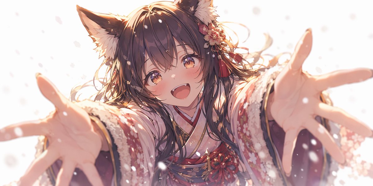 Anime Fox Girl Reaching for a Hug のQwen Imageプロンプト例: A prompt generating an anime-style illustration of a fox girl in a kimono reaching out for a hug in the snow.