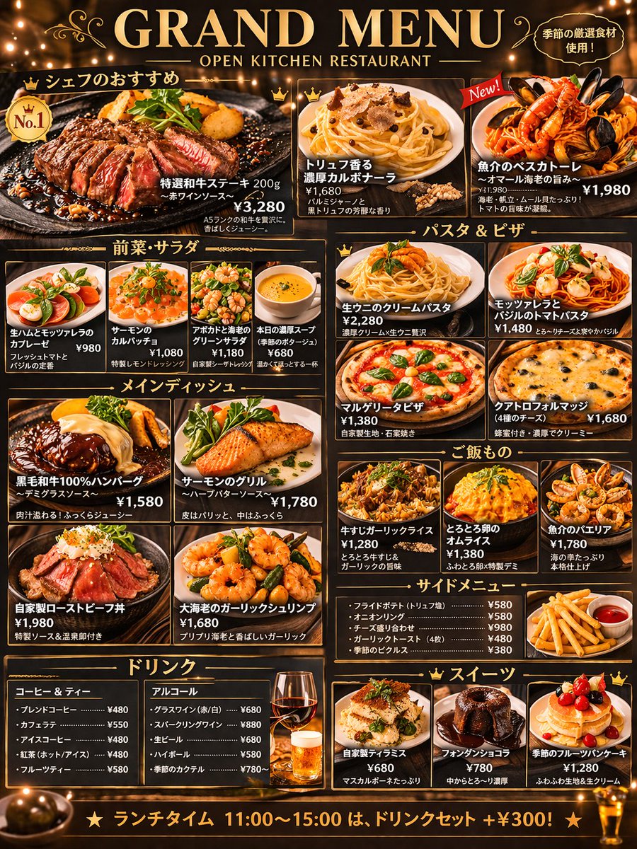 Comprehensive Restaurant Grand Menu Design Qwen Image prompt example: Generates a highly detailed, multi-section restaurant menu layout featuring food photography, prices, and...