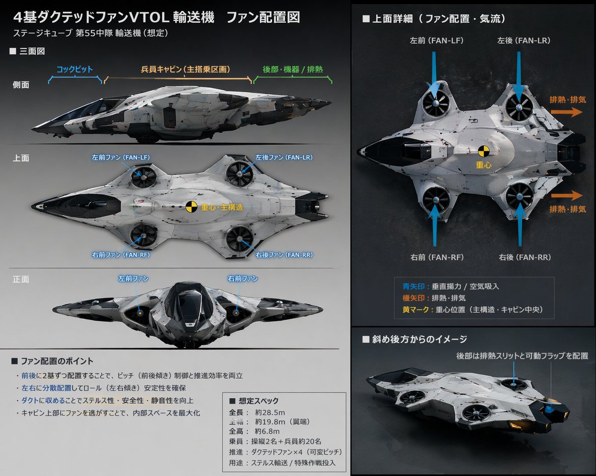 Sci-Fi VTOL Aircraft Technical Spec Sheet Qwen Image prompt example: Generates a highly detailed, multi-panel technical reference sheet for a sci-fi aircraft, complete with...
