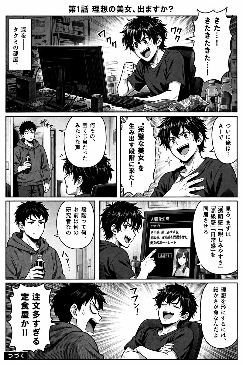 4-Panel Manga Page Generator GPT Image 2 prompt example: Generates a 4-panel black and white manga page featuring two characters interacting over a computer, complete with...