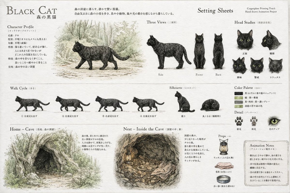 Vintage Creature Concept Art Sheet のQwen Imageプロンプト例 バリエーション 2: Generates a detailed, vintage-style reference sheet for an animal or creature, complete with orthographic views,...