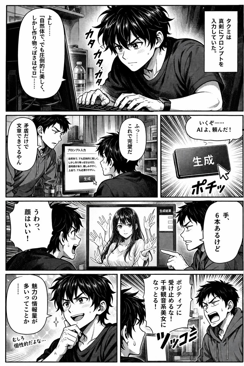 AI Image Generation Manga Page Qwen Image 프롬프트 예시: A 6-panel manga page depicting two friends generating an AI image that results in a 6-handed anime girl.