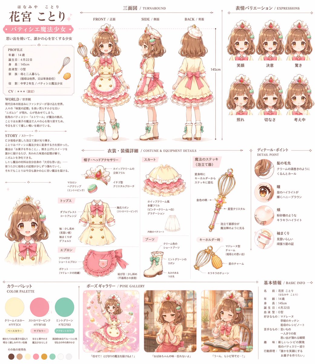 Anime Magical Girl Character Reference Sheet REVE 2 prompt example: Generates a highly detailed, multi-section anime character design document including turnarounds, expressions,...