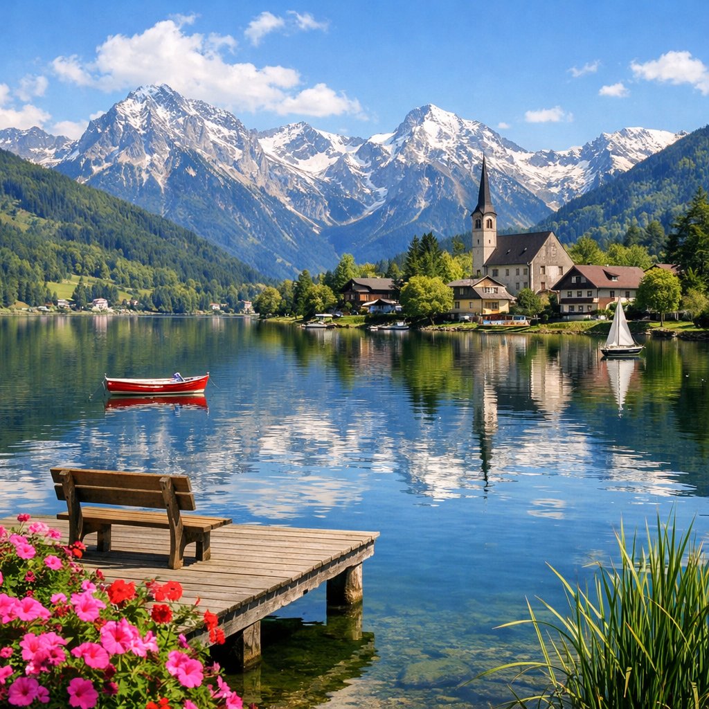 Idyllic Alpine Lake Village Landscape のQwen Imageプロンプト例: Generates a highly detailed, picturesque landscape of a mountain lake village with customizable foreground and background...