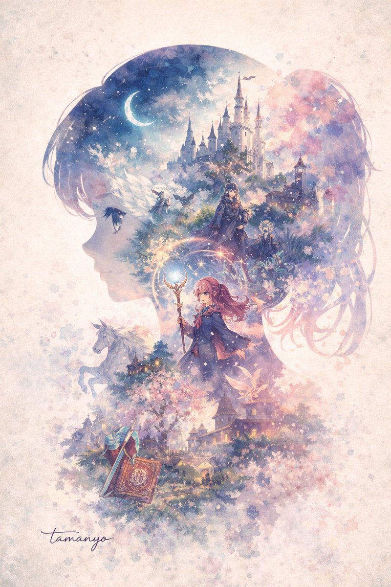 Watercolor Double-Exposure Fantasy Silhouette Qwen Image prompt example: Generates a dreamy watercolor illustration featuring a character's profile silhouette filled with a...
