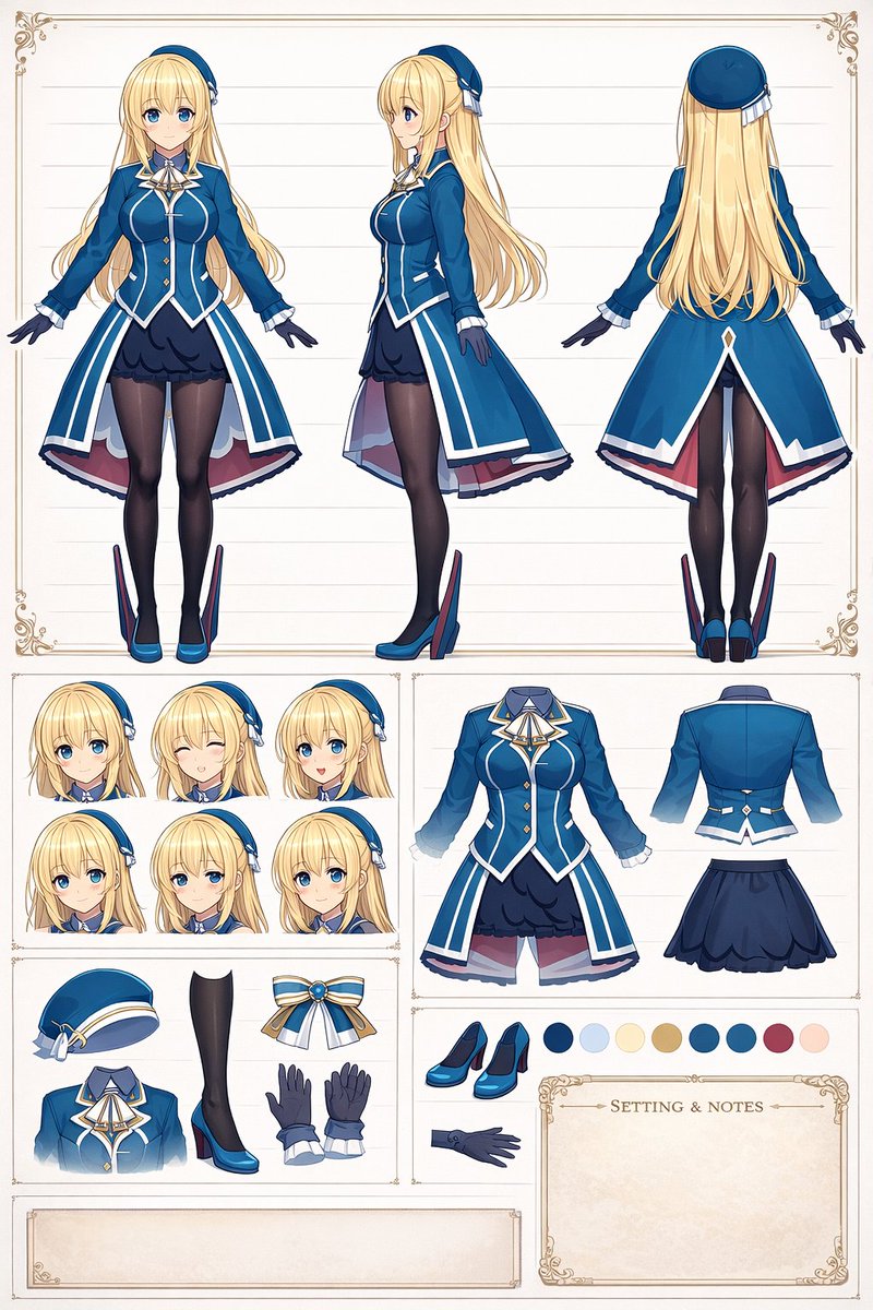 Anime Character Design Reference Sheet Qwen Image 프롬프트 예시: Generates a comprehensive anime character reference sheet including a full-body turnaround, expression variants, and...