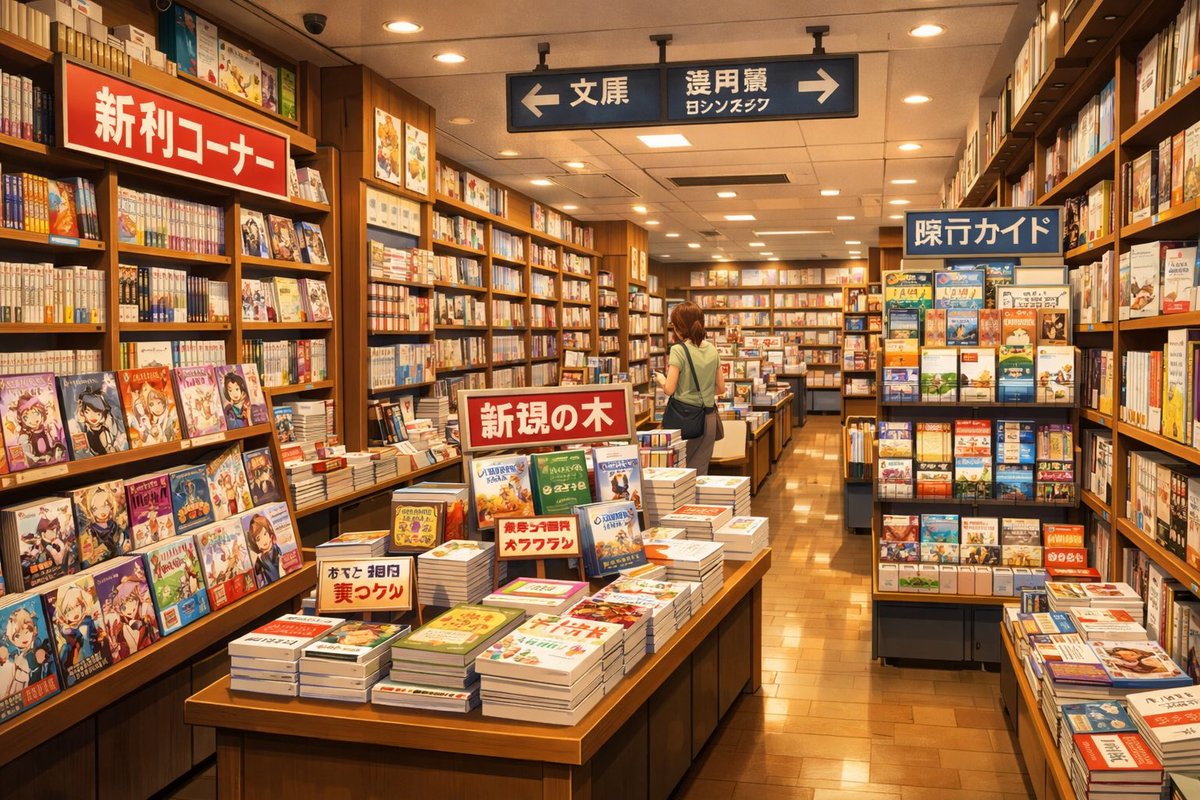 Japanese Bookstore Interior Qwen Image prompt example: Generates a photorealistic interior of a Japanese bookstore with customizable signage and atmosphere.