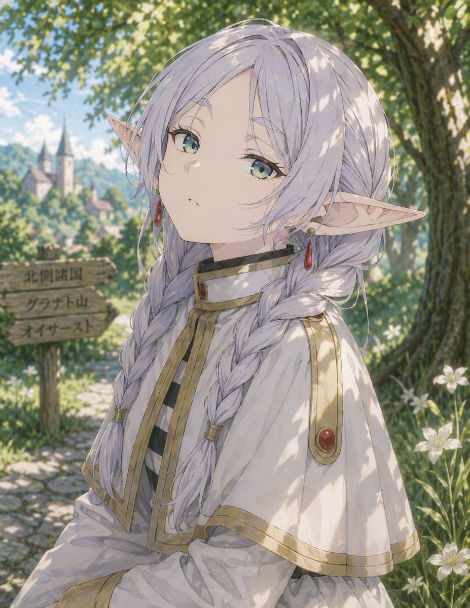 Anime Elf Girl on Forest Path Qwen Image prompt example: Generates a high-quality anime illustration of an elf character standing on a sunlit path with a customizable signpost.