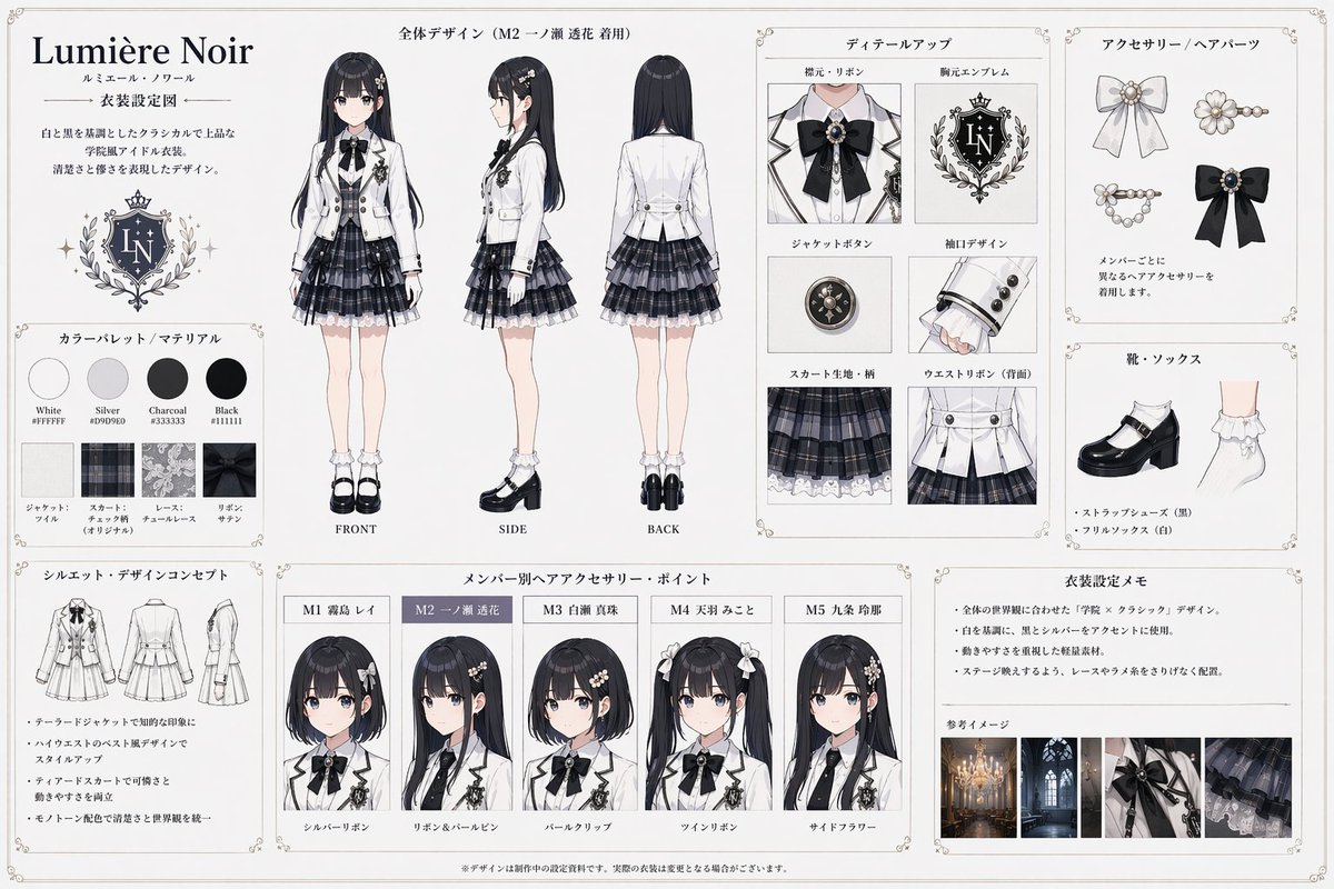 Idol Costume Design Sheet GPT Image 2 prompt example: Generates a highly detailed anime-style costume reference sheet with multiple views, material details, and character variants.
