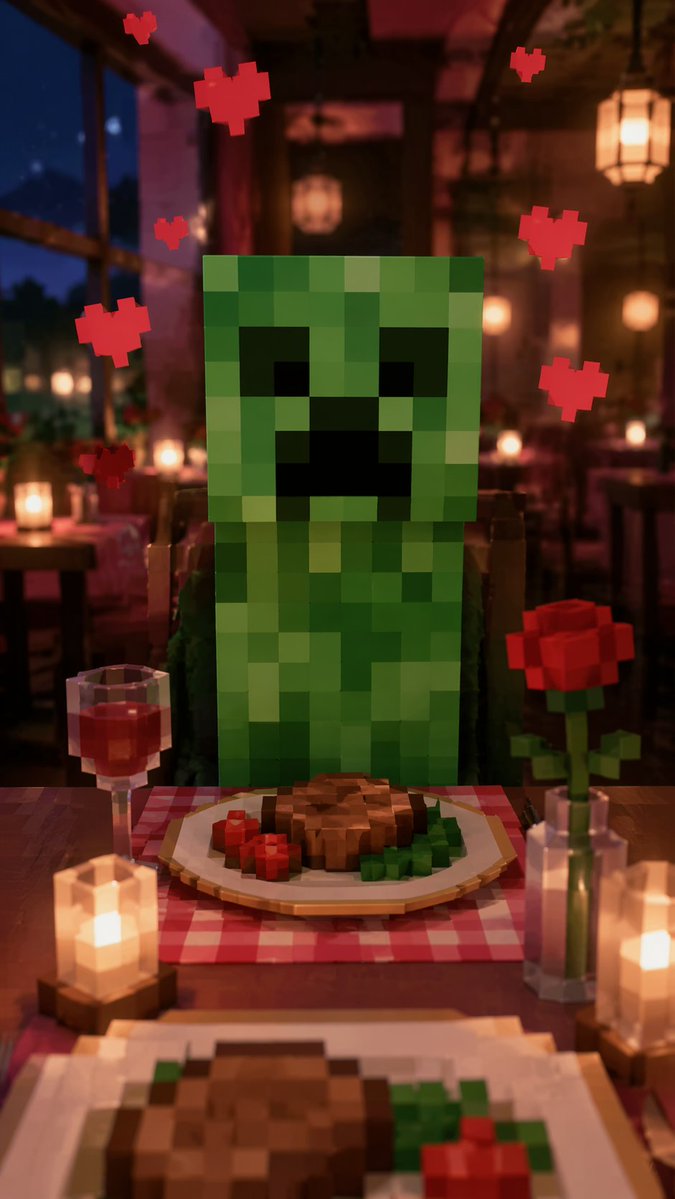 Romantic Voxel Dinner Date Qwen Image prompt example: Generates a humorous, first-person perspective of a romantic dinner date with a blocky video game character.