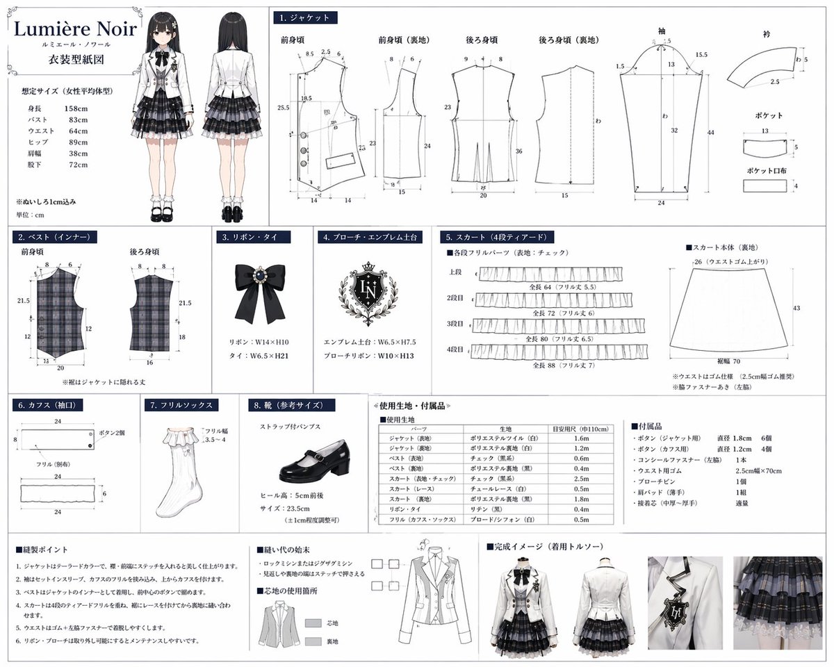 Anime Costume Sewing Pattern Sheet Qwen Image 프롬프트 예시: Generates a highly detailed, multi-sectioned sewing pattern and design reference sheet for an anime-style costume, complete...