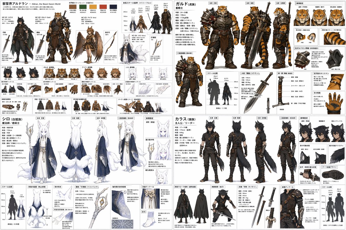 4-Quadrant RPG Character Design Sheet Qwen Image prompt example: A highly detailed, multi-character reference sheet divided into four quadrants, featuring a world overview and...