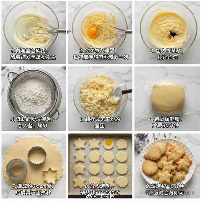 9-Panel Cookie Baking Tutorial Grid のQwen Imageプロンプト例: Generates a 3x3 photographic grid detailing the step-by-step process of baking cookies, complete with instructional text...