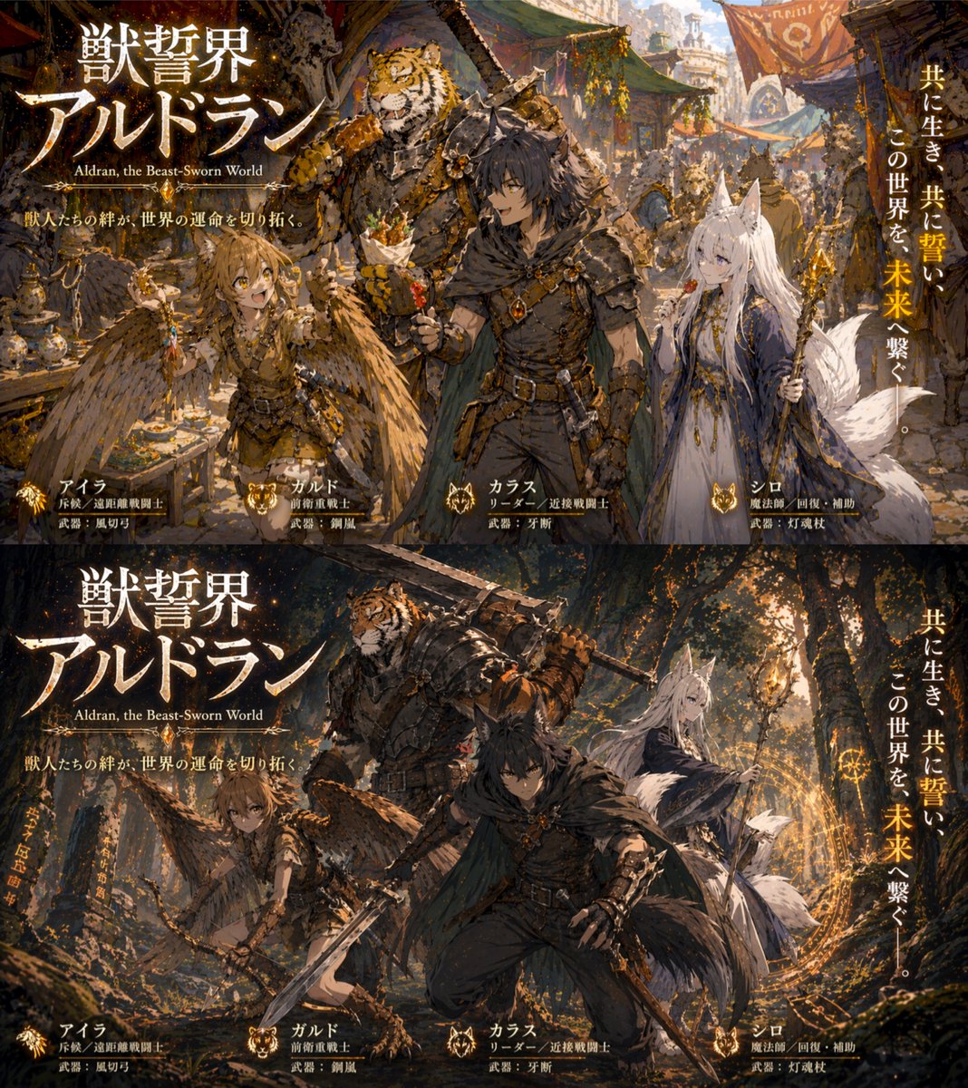 Two-Panel RPG Concept Art のQwen Imageプロンプト例: Generates a split-panel promotional illustration featuring a fantasy party in both peaceful and combat scenarios with typography.