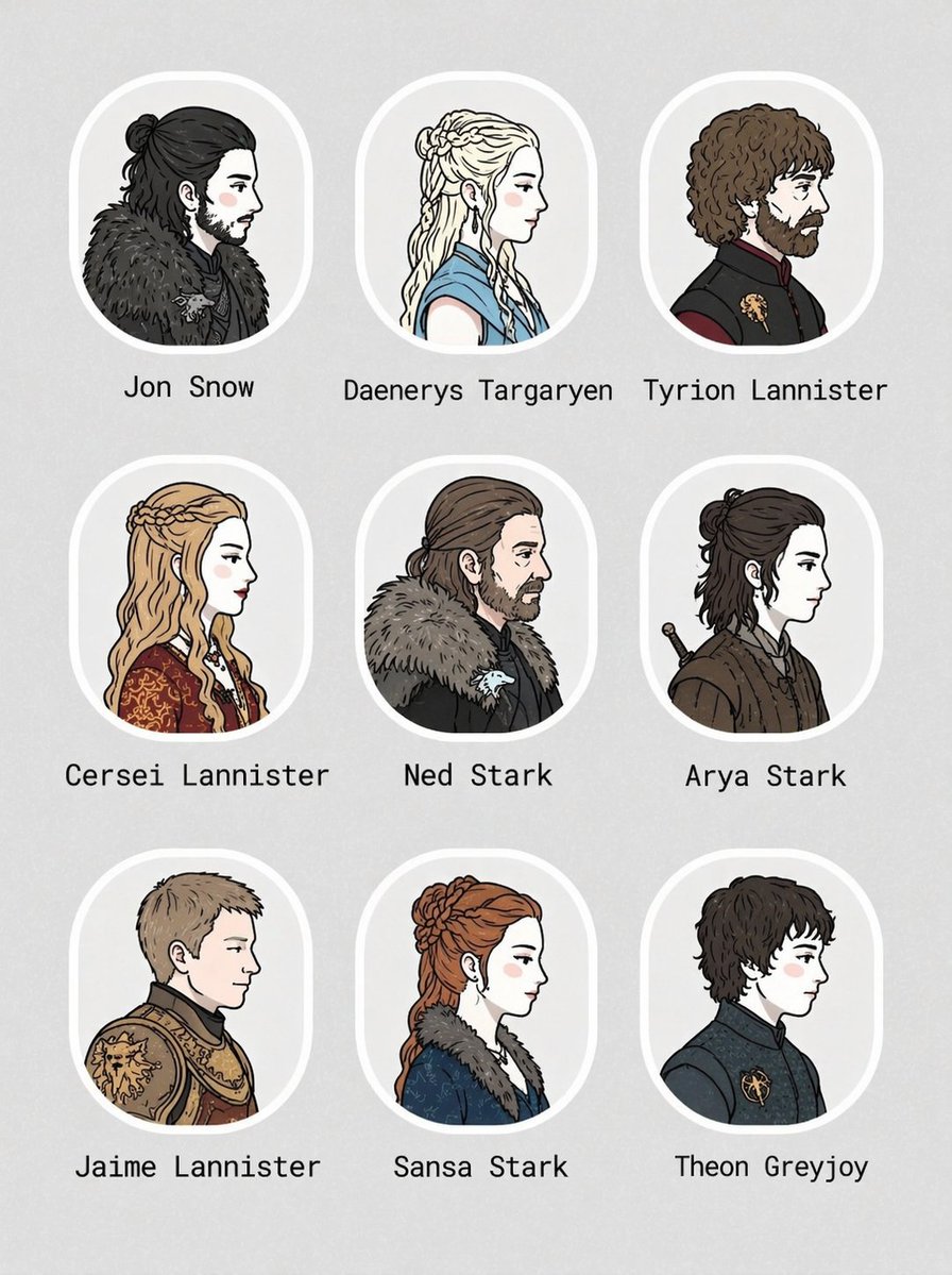 3x3 Character Portrait Grid 的 Qwen Image 提示词示例图:Generates a 3x3 grid of illustrated character profile portraits with name labels, ideal for cast lineups or avatar sets.