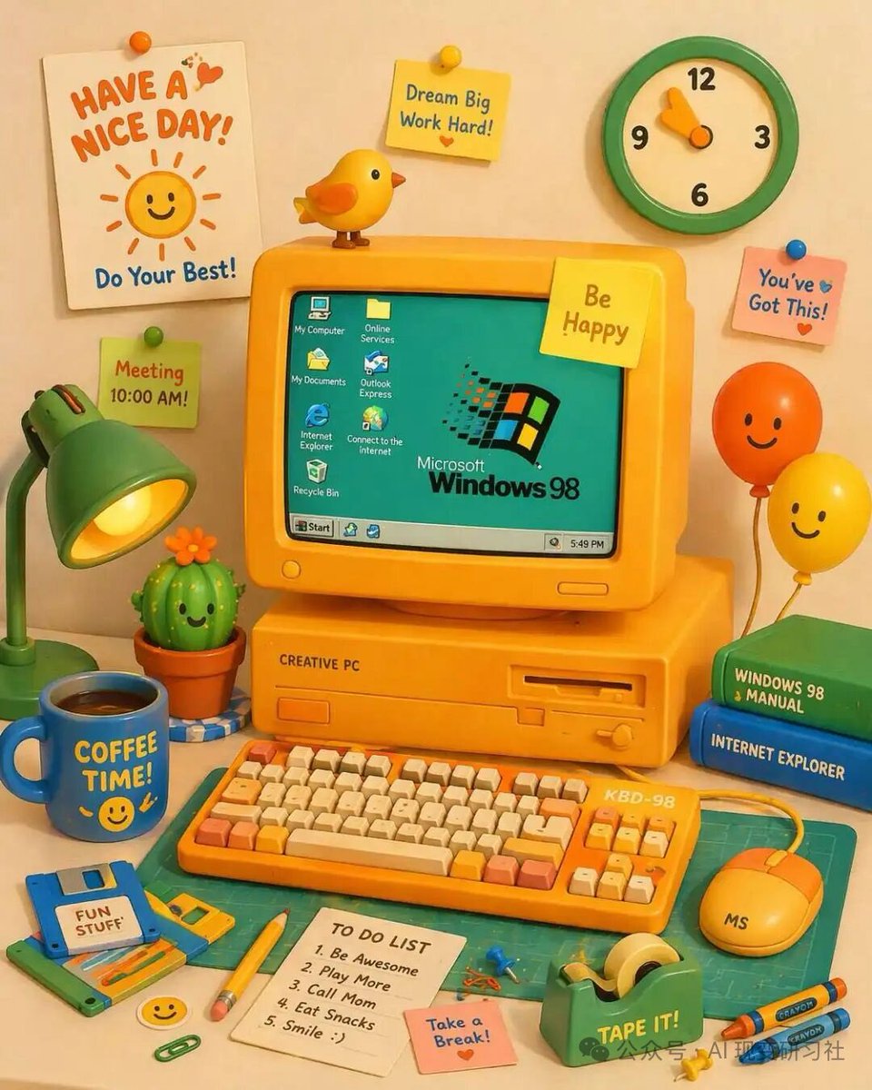 Retro 3D Claymation Desk Setup Qwen Image prompt example: Generates a highly detailed, cute 3D illustration of a retro computer desk with customizable text elements.