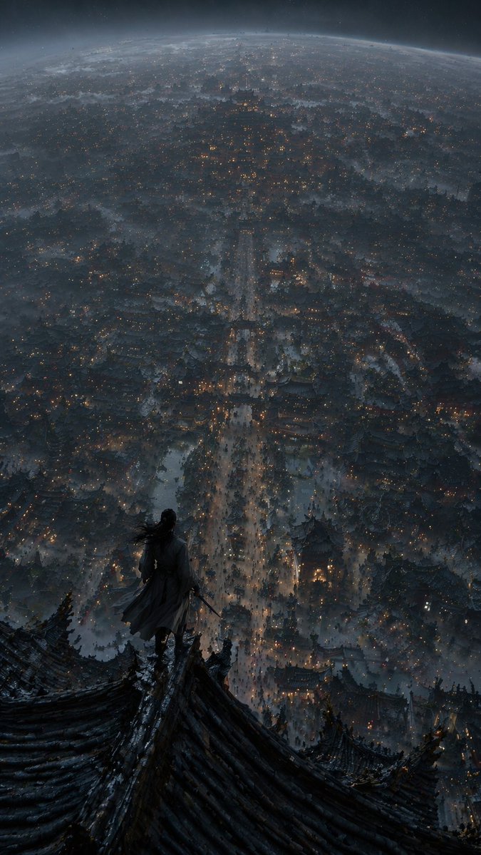 Xianxia Cityscape from God's-Eye View Qwen Image prompt example: Generates a breathtaking, extreme high-angle fantasy cityscape with a lone figure overlooking a sprawling,...