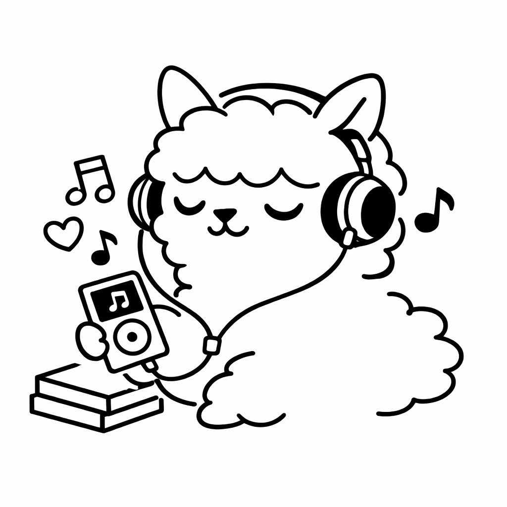 Line Art Animal Listening to Music のQwen Imageプロンプト例: A minimalist black and white line art illustration of a cute animal listening to an MP3 player, suitable for coloring books...