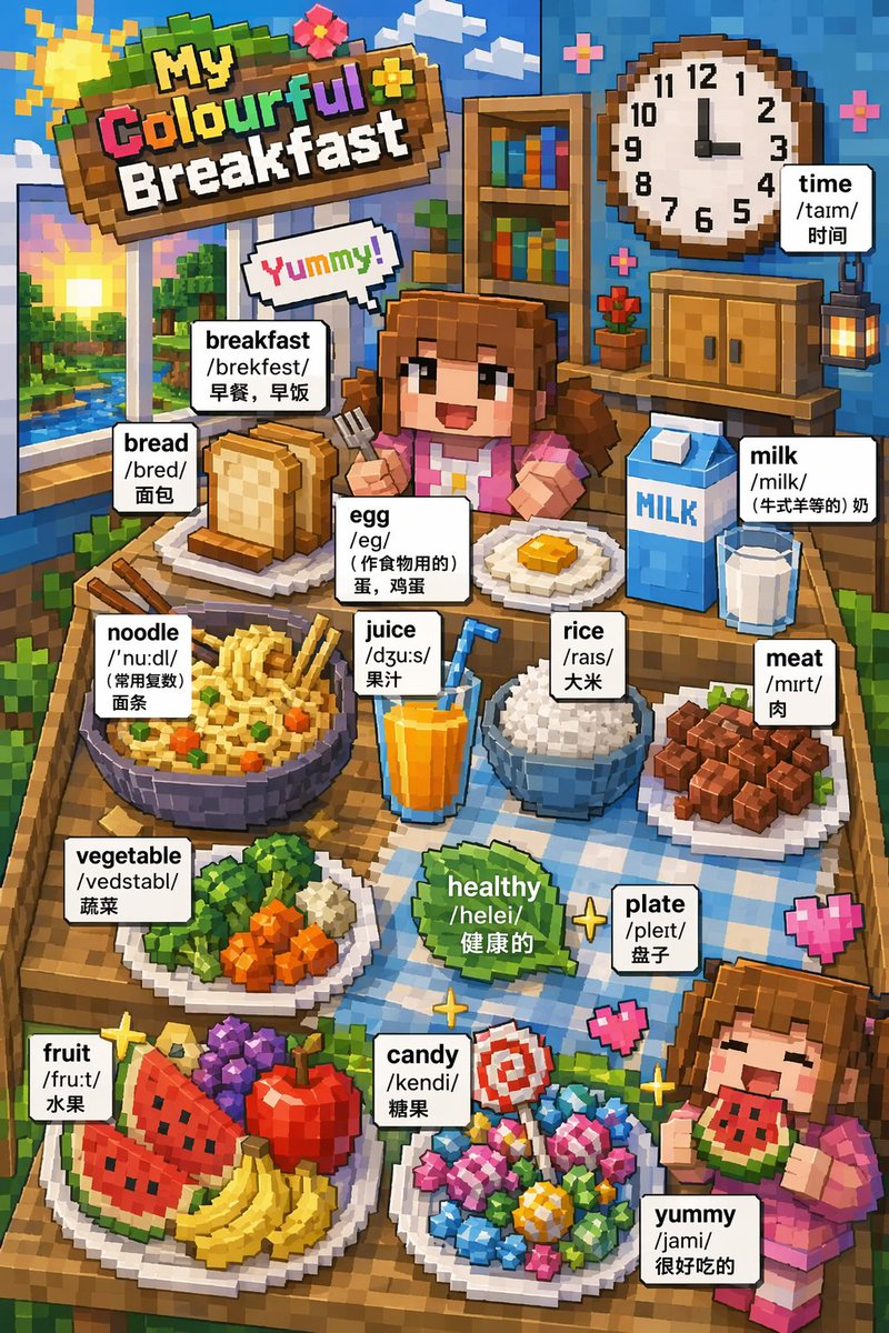 Voxel Art Bilingual Breakfast Vocabulary Poster Qwen Image prompt example: Generates a 3D voxel-style educational poster featuring a breakfast spread with 15 detailed...