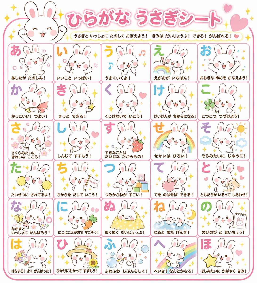 Educational Hiragana Sheet 的 Qwen Image 提示词示例图：A prompt to generate a character learning sheet for hiragana featuring rabbit illustrations.