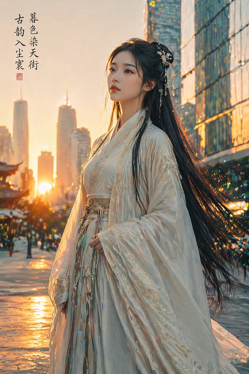 Classical Beauty in Modern Urban Sunset 的 Qwen Image 提示词示例图：An evocative prompt for a classical Chinese beauty set against a modern city skyline at sunset, designed for...