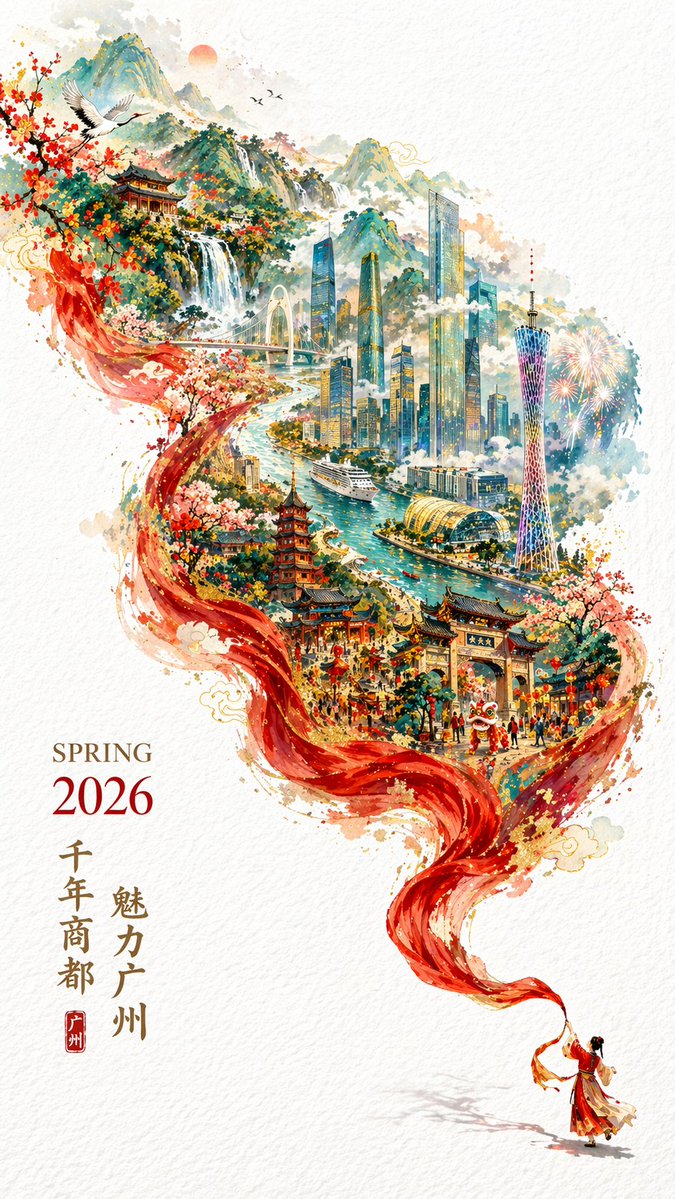 Flowing Ribbon Cityscape Watercolor Poster 的 Qwen Image 提示词示例图:Generates a surreal watercolor poster where a flowing ribbon transforms into a blend of traditional and modern city...