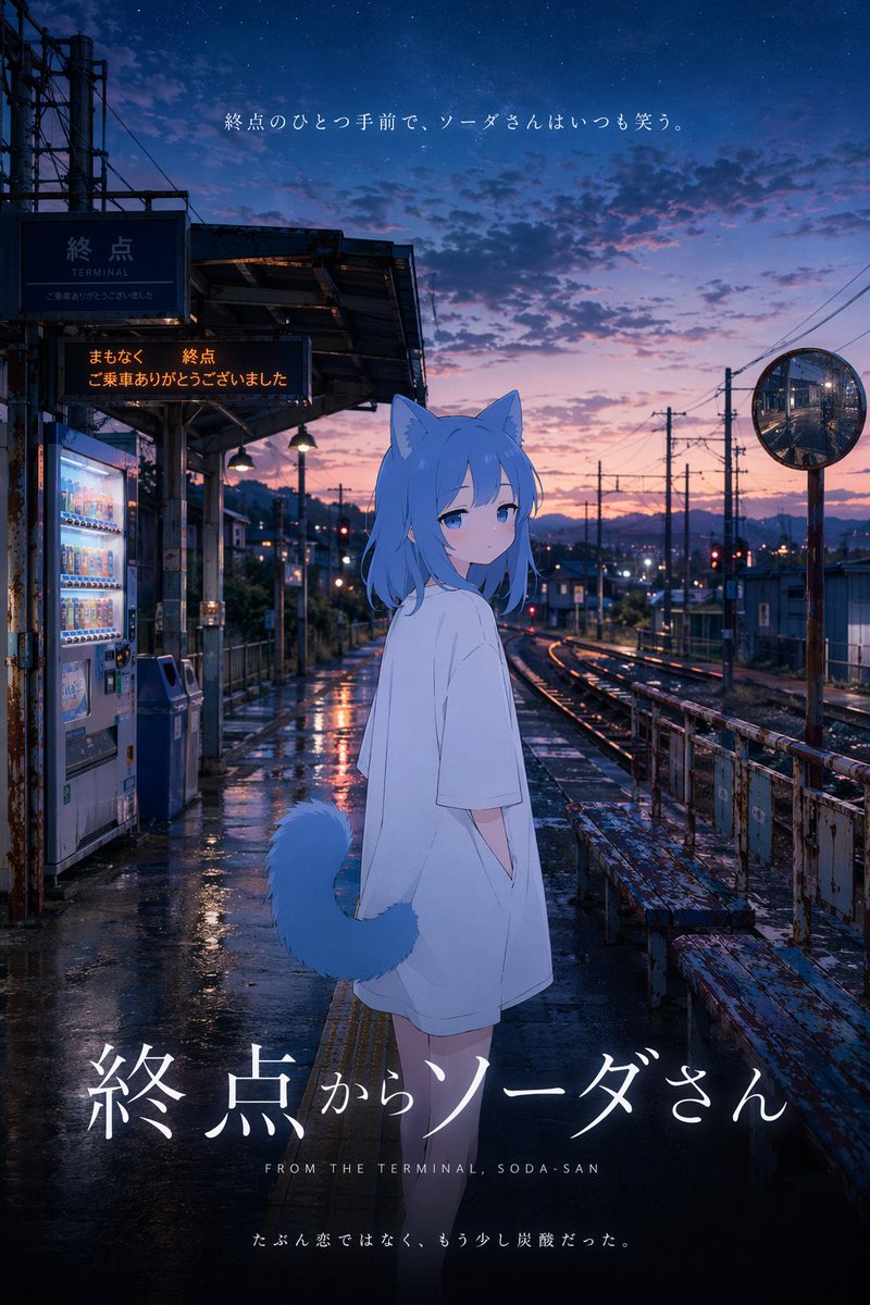 Anime Movie Poster at Twilight Station GPT Image 2 prompt example: Generates a cinematic anime-style poster featuring a character at a rural train station with customizable...