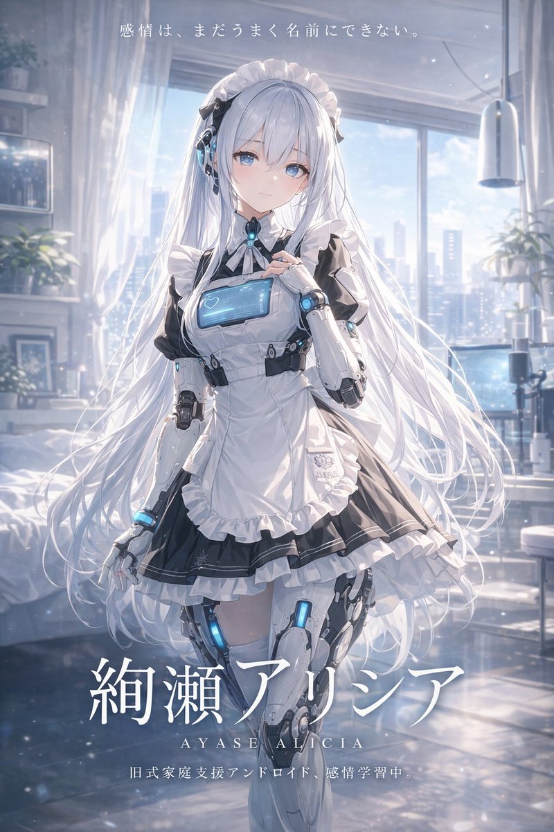 Sci-Fi Android Maid Light Novel Cover Qwen Image prompt example: Generates an anime-style illustration of a cybernetic maid in a sunlit room with customizable typography overlays.