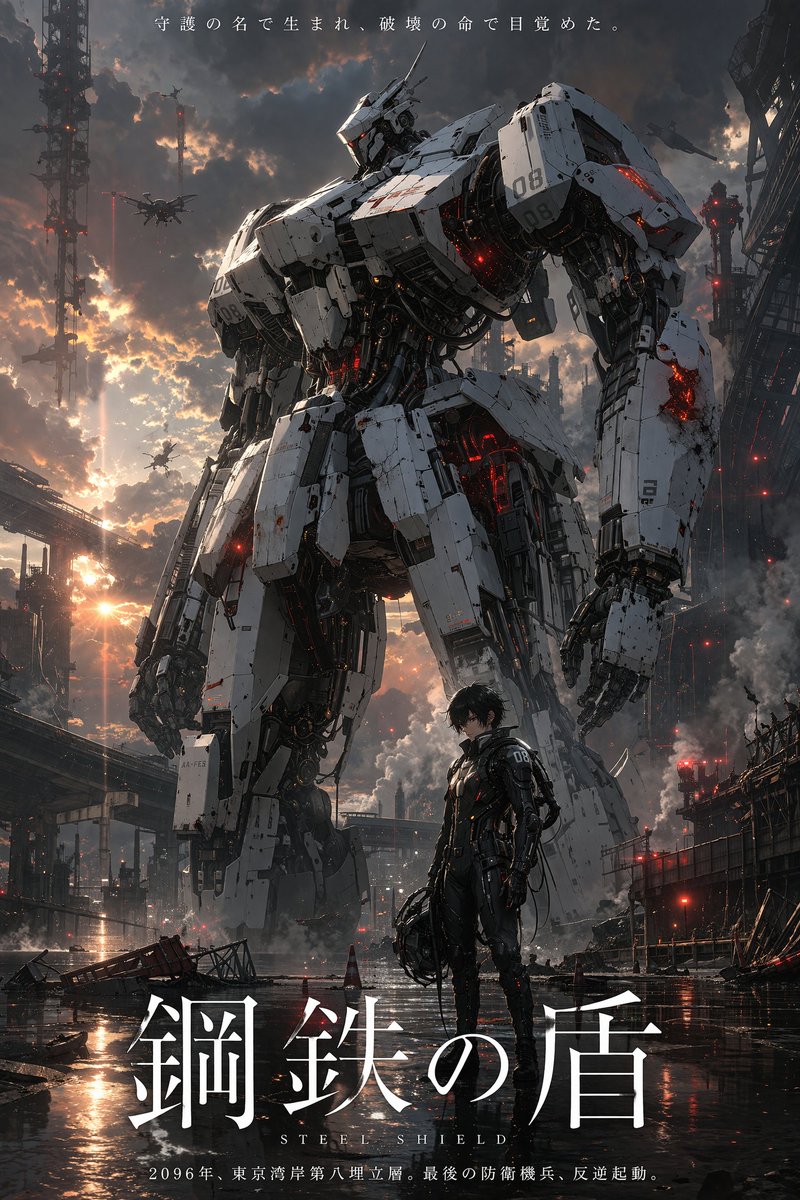 Sci-Fi Mecha Movie Poster GPT Image 2 prompt example: Generates a cinematic sci-fi movie poster featuring a giant mecha, its pilot, and customizable Japanese typography.