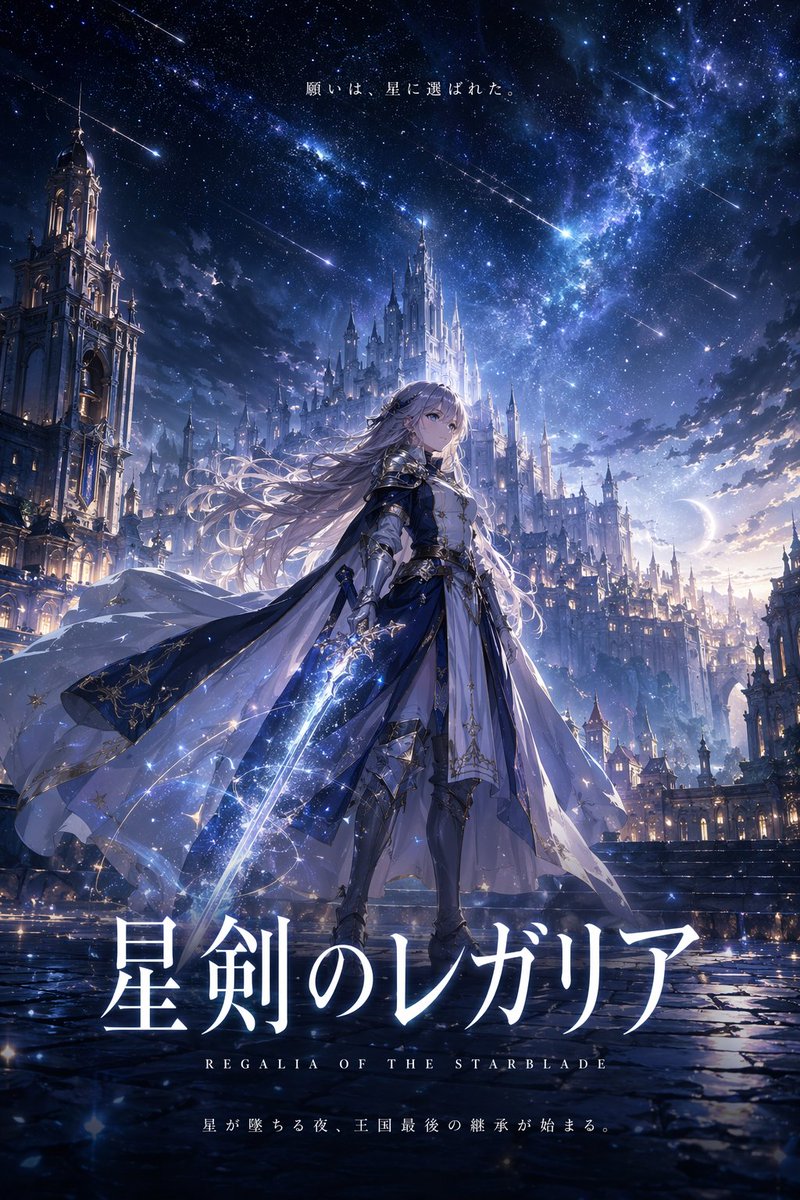 Fantasy Anime Knight Movie Poster GPT Image 2 prompt example: Generates a cinematic anime-style fantasy poster featuring a female knight, a glowing sword, a starry castle...