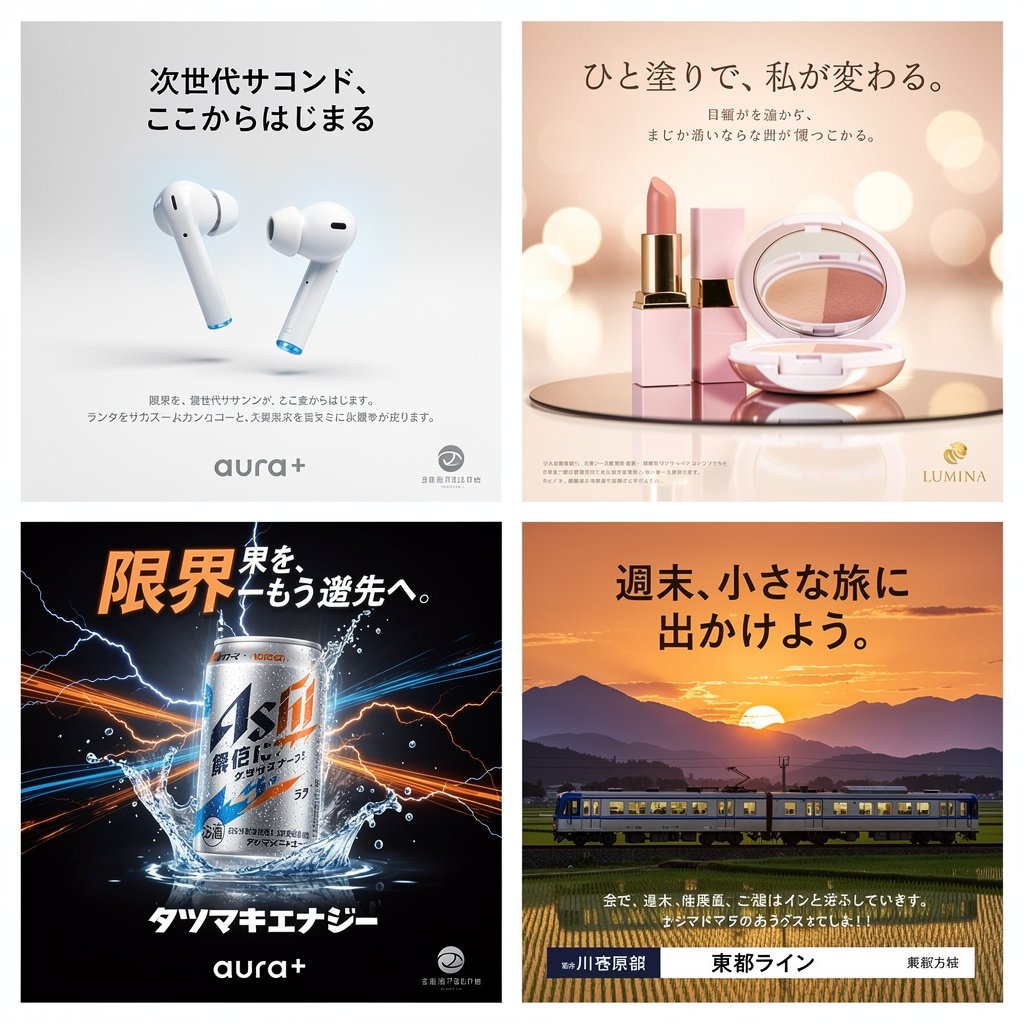 4-Panel Japanese Advertising Concept Grid GPT Image 2 prompt example: Generates a 2x2 grid of diverse Japanese advertising posters, perfect for marketing mood boards or graphic...