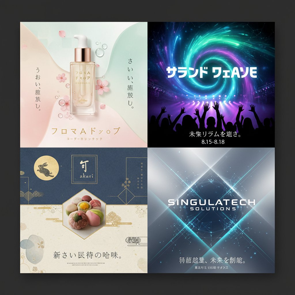 4-Panel Japanese Advertising Concept Grid GPT Image 2 prompt example variation 2: Generates a 2x2 grid of diverse Japanese advertising posters, perfect for marketing mood boards...