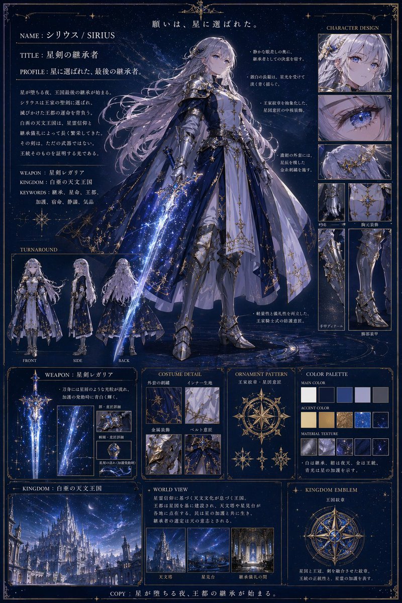 Fantasy Knight Concept Art Sheet Qwen Image prompt example: Generates a highly detailed anime character reference sheet with lore, turnarounds, and material callouts.