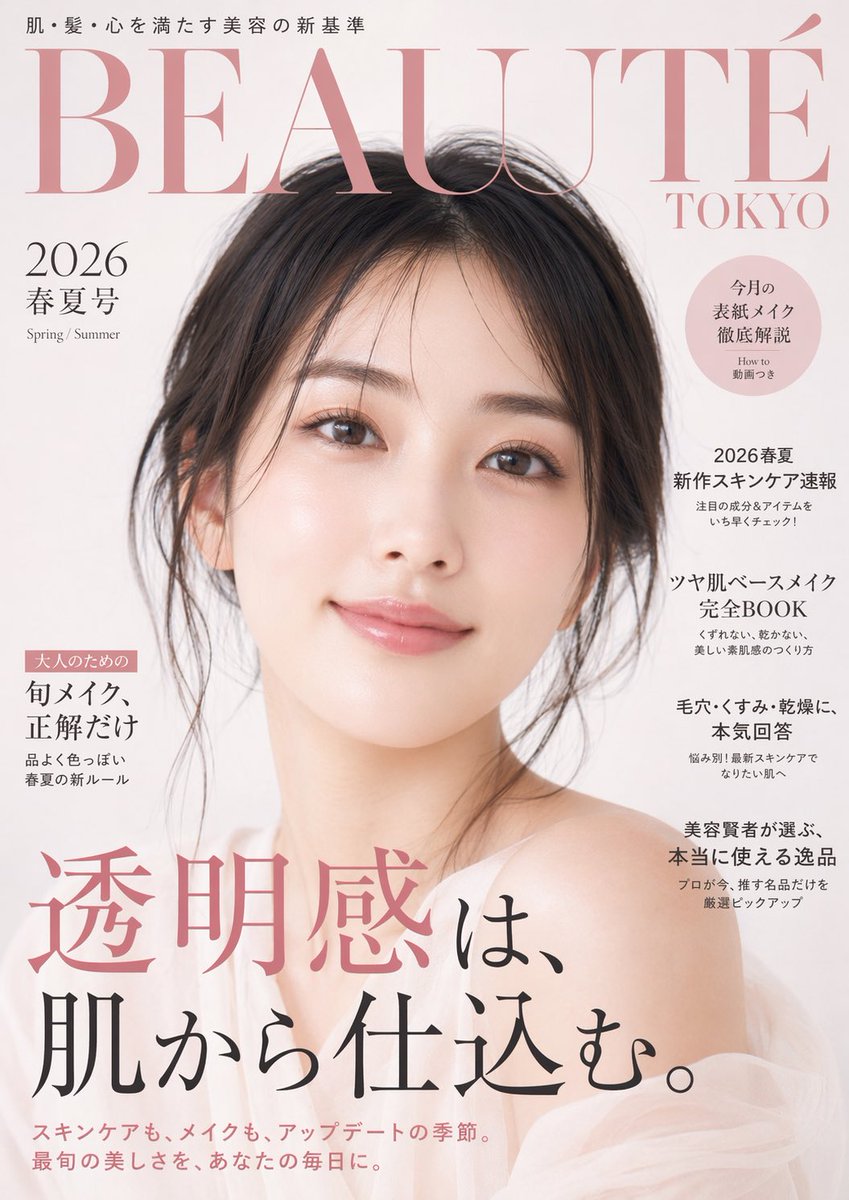 Japanese Beauty Magazine Cover Qwen Image 프롬프트 예시 변형 2: Generates a realistic Japanese beauty and skincare magazine cover featuring a cover model and multiple text headlines.
